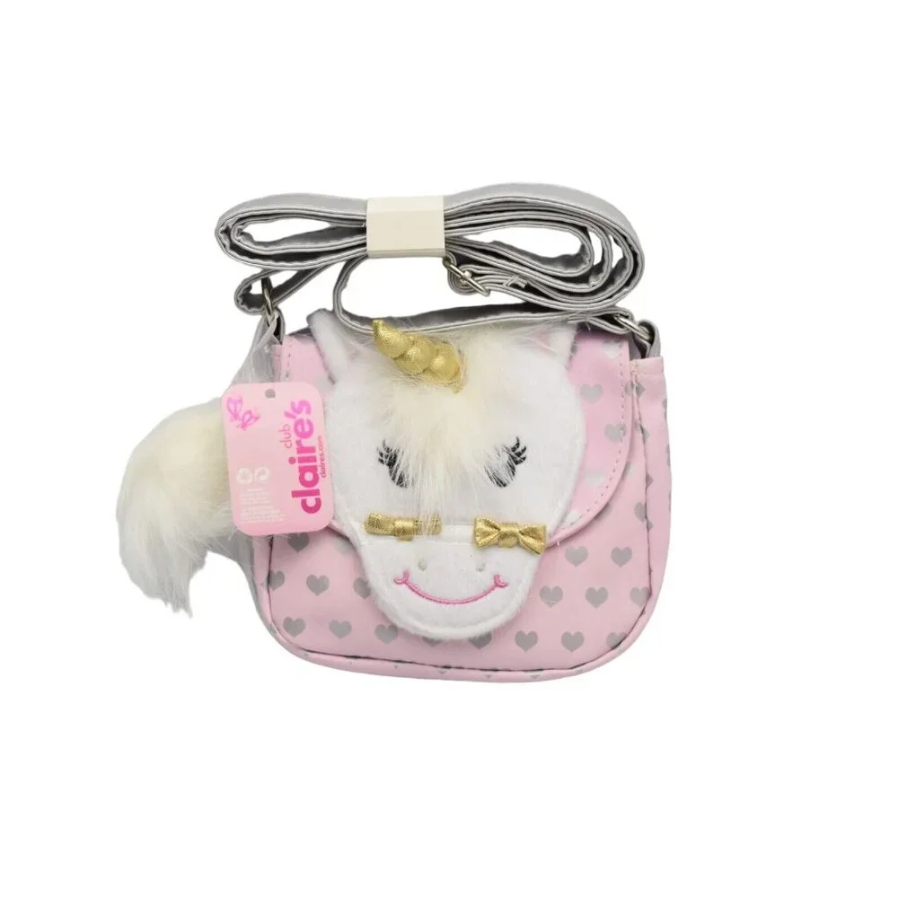 Claires Club Crossbody Bag Purse Ariella the Unicorn Plush Pink Heart Girls